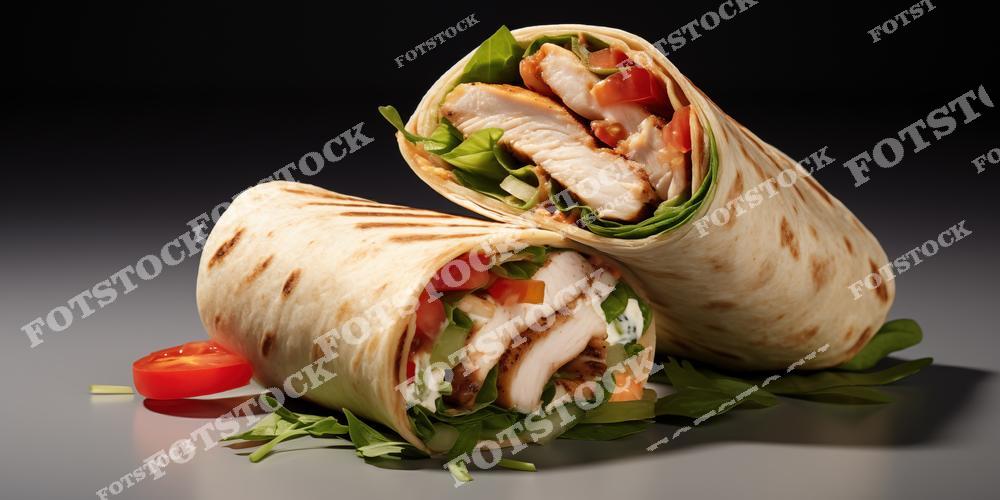 Фотография куриного шаурмы, завернутого в лаваш с добавлением свежих овощей, зелени и кусочков куриного мяса. Снимок подчеркивает аппетитный внешний вид и сбалансированное содержание перекуса.